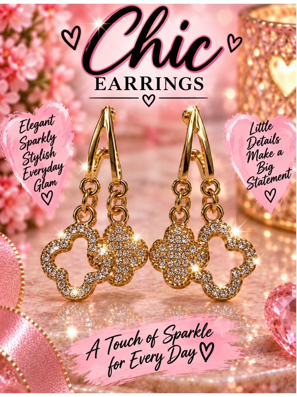 Chic Gold Sparkle Clover Drop Earrings